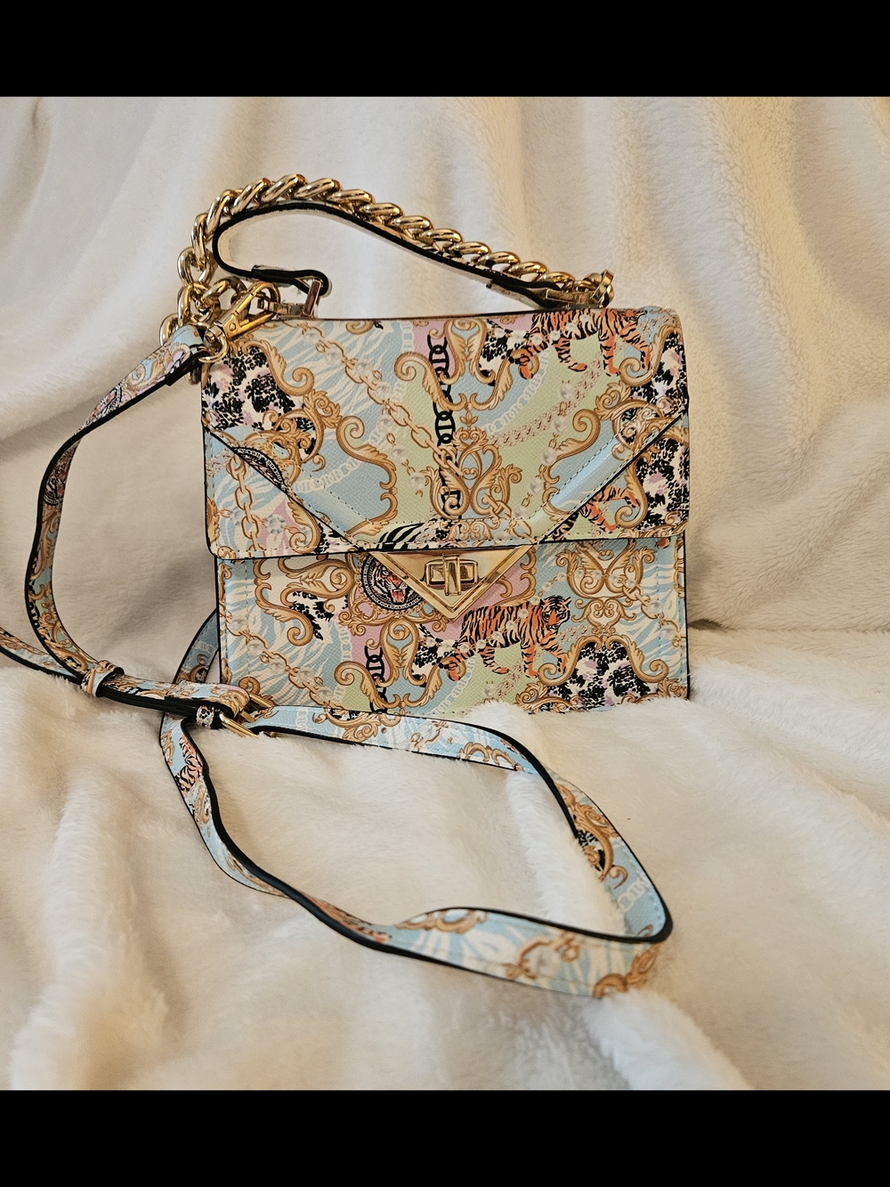 Aldo Pastel Blue & Pink Printed Chain Crossbody Bag